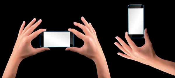 Main tenant smartphone noir avec écran vierge — Photo