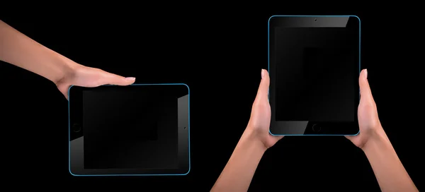 Tablet tela sensível ao toque computador com mão — Fotografia de Stock