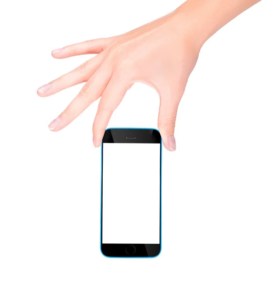 Mão segurando smartphone preto com tela em branco — Fotografia de Stock