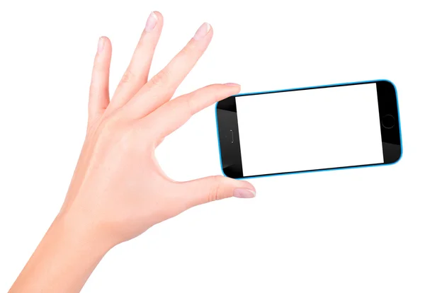 Ręka trzyma czarny smartphone rezygnować pusty ekran — Zdjęcie stockowe