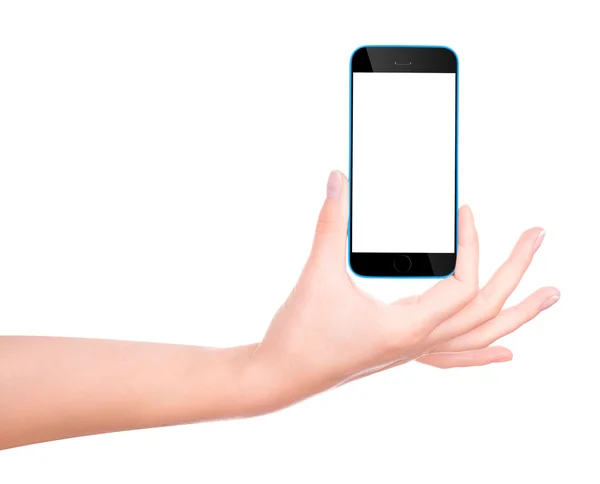 Mão segurando smartphone preto com tela em branco — Fotografia de Stock
