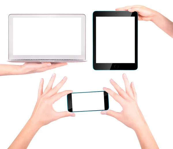 Laptop, digital tablet and mobile phone with hand — Stock Photo, Image