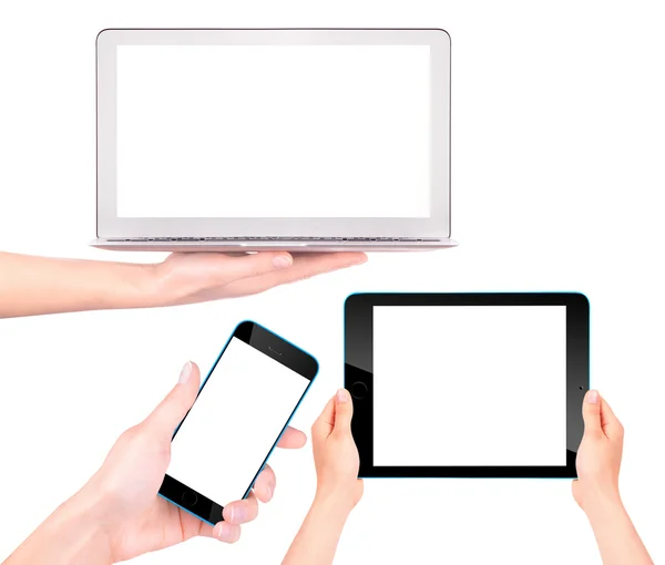 Portátil, tableta digital y teléfono móvil con mano — Foto de Stock