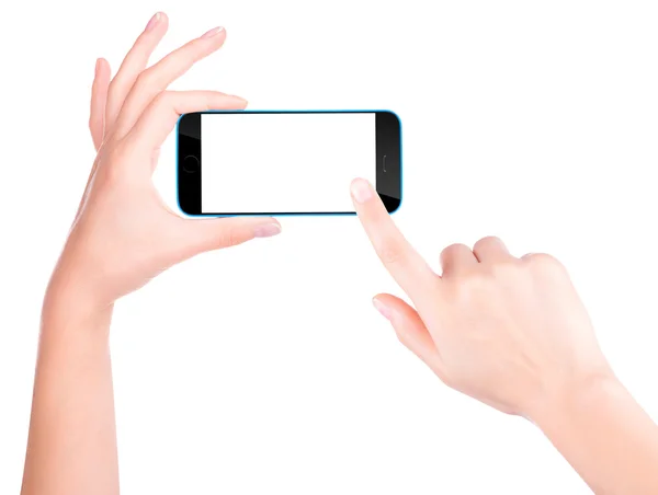 Hand som håller svart smartphone med blank skärm — Stockfoto