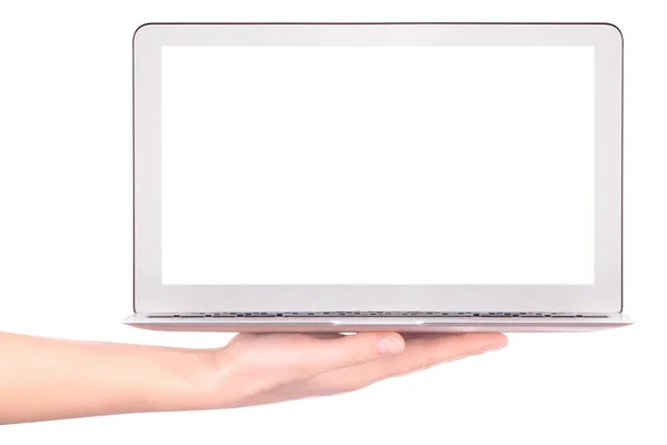 Laptop med kvinna hand isolerade — Stockfoto