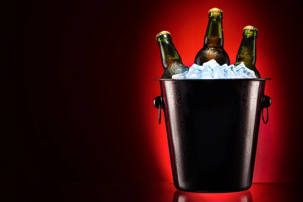 Bottiglie di birra in secchio di ghiaccio — Foto Stock