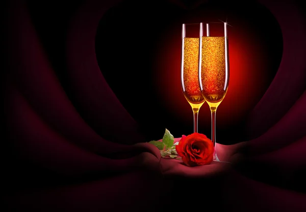 Glass of champagne and rose on black — Stock Photo, Image