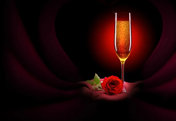 Glass of champagne and rose on black — Stock Photo, Image