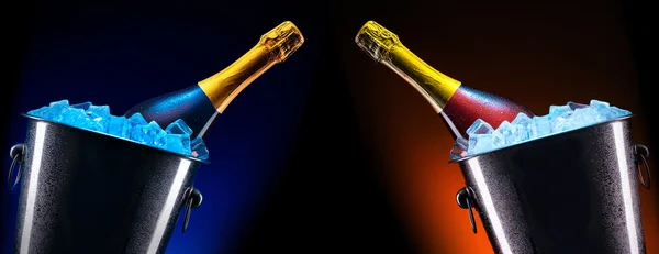 Fles champagne in ijs emmer — Stockfoto