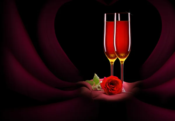 Glas champagne en rose op zwart — Stockfoto
