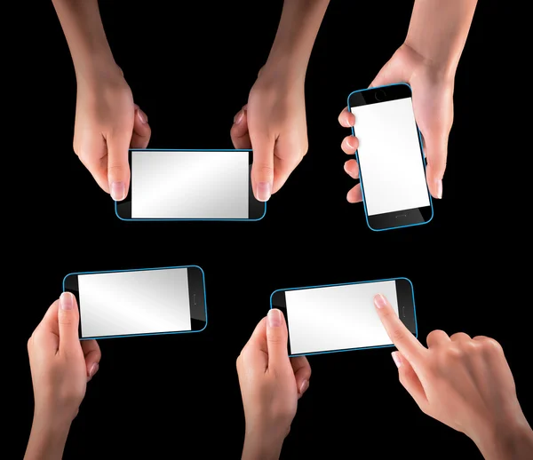 Mano sosteniendo teléfono inteligente negro con pantalla en blanco — Foto de Stock