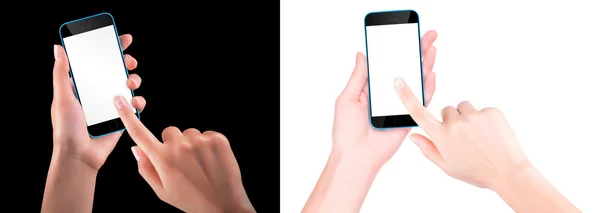 Main tenant smartphone noir avec écran vierge — Photo