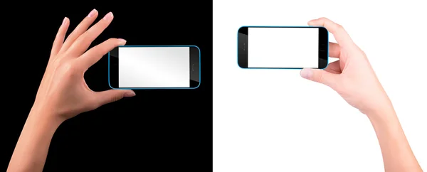 黒い空白の画面スマート フォンを持っている手します。 — ストック写真