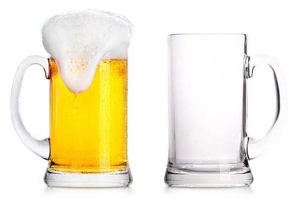 Frosty glass of light beer and empty one — Stock Photo, Image