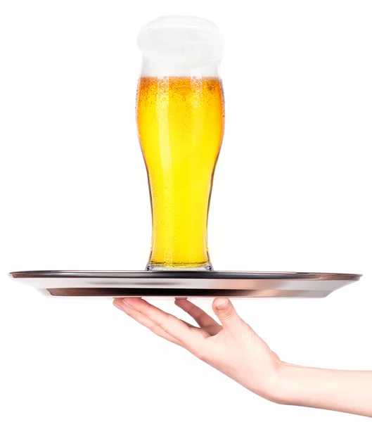 Waitresses holding tray with light beer isoalted — Stock Photo, Image