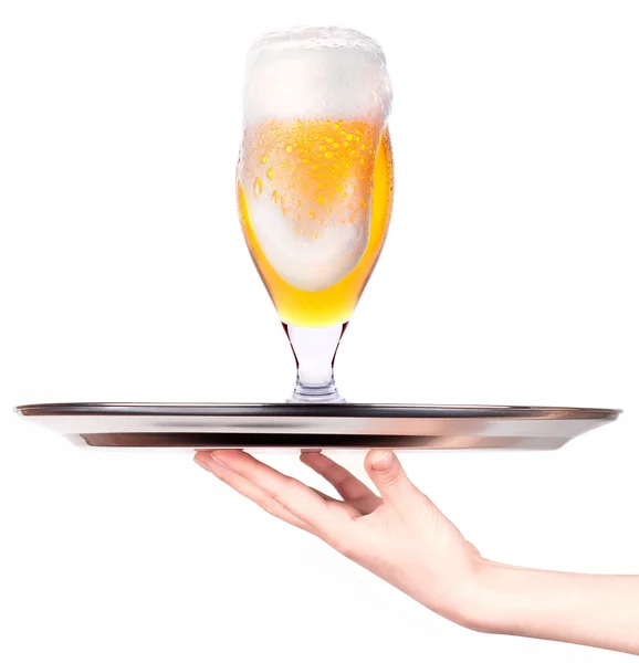 Waitresses holding tray with light beer isoalted — Stock Photo, Image