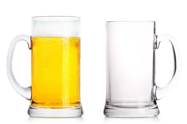 Frosty glass of light beer and empty one — Stock Photo, Image
