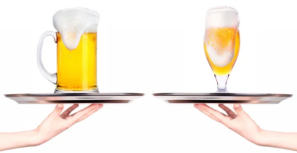 Waitresses holding tray with light beer isoalted — Stock Photo, Image