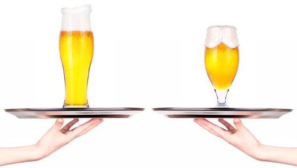 Waitresses holding tray with light beer isoalted — Stock Photo, Image