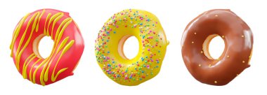 Çikolata kaplı çörekler, serpiştirmeler, beyaz çiselemeler ve beyaz şeffaf arka planda izole edilmiş noktalar. 3D görüntüleme ve tatlı çeşitliliği