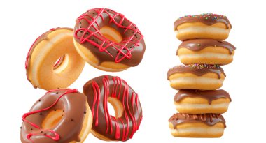 Çikolata kaplı çörekler, serpiştirmeler, beyaz çiselemeler ve beyaz şeffaf arka planda izole edilmiş noktalar. 3D görüntüleme ve tatlı çeşitliliği