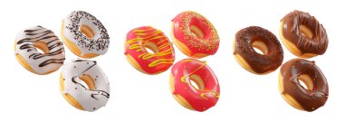 Beyaz şeffaf arka planda renkli kremalı, serpiştirilmiş ve çikolatalı çeşitli çörekler. 3D görüntüleme ve tatlı çeşitliliği