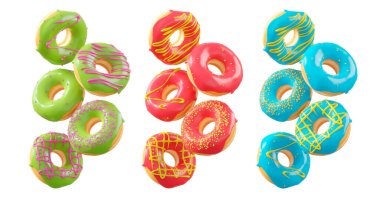 Beyaz şeffaf arka planda renkli kremalı, serpiştirilmiş ve çikolatalı çeşitli çörekler. 3D görüntüleme ve tatlı çeşitliliği