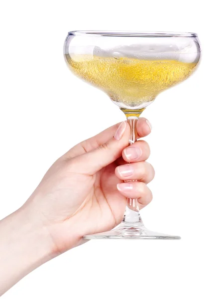 Mano con copa de champán aislada sobre un blanco — Foto de Stock