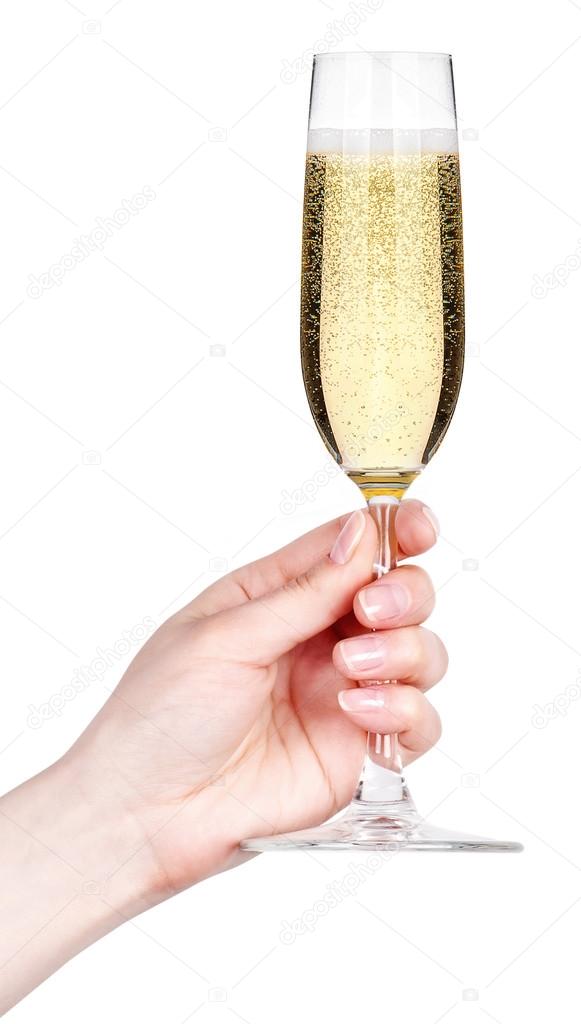 Hand with glass of champagne isolated on a white