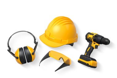Kask, kulaklık, kablosuz matkap ve gözlük içeren koruyucu ekipmanlar kırpma yolu ile beyaz arka planda izole edilmiş, güvenlik inşaat giysisi konsepti