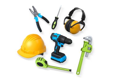 Yapım araçları ve güvenlik ekipmanları kesme yolu olan beyaz arka planda izole edilmiş. İş güvenliği ve inşaat araçları kavramı