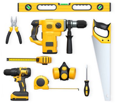 Yapı araçları, miğferler ve güvenlik teçhizatlarının toplanması, kırpma yolu ile beyaz arka planda izole edilmiş, iş güvenliğini sembolize ediyor ve sanayiyi inşa ediyor