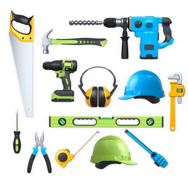 Yapı araçları, miğferler ve güvenlik teçhizatlarının toplanması, kırpma yolu ile beyaz arka planda izole edilmiş, iş güvenliğini sembolize ediyor ve sanayiyi inşa ediyor