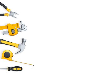 Çekiç, pense, tornavida ve mezura gibi çeşitli inşaat aletleri, kırpma yolu ile beyaz arka planda izole edilmiş, ev onarımı kavramı