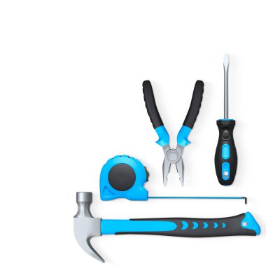 Çekiç, pense, tornavida ve mezura gibi çeşitli inşaat aletleri, kırpma yolu ile beyaz arka planda izole edilmiş, ev onarımı kavramı