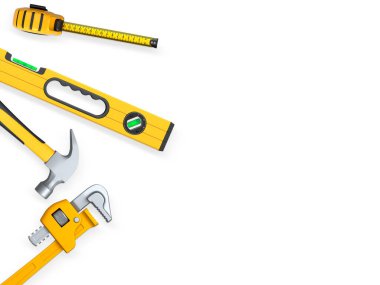 Çekiç, pense, tornavida ve mezura gibi çeşitli inşaat aletleri, kırpma yolu ile beyaz arka planda izole edilmiş, ev onarımı kavramı
