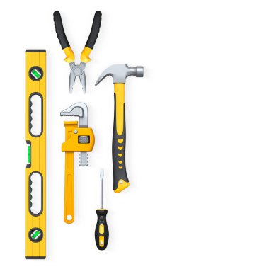 Testere, tornavida, çekiç, ingiliz anahtarı, pense gibi çeşitli el aletleri ve kesme yolu ile beyaz arkaplanda izole edilmiş seviye.