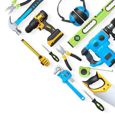 Yapı araçları, miğferler ve güvenlik teçhizatlarının toplanması, kırpma yolu ile beyaz arka planda izole edilmiş, iş güvenliğini sembolize ediyor ve sanayiyi inşa ediyor