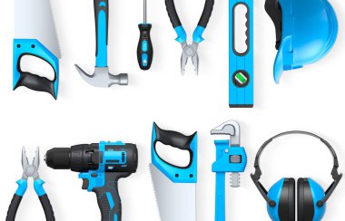 Yapı araçları, miğferler ve güvenlik teçhizatlarının toplanması, kırpma yolu ile beyaz arka planda izole edilmiş, iş güvenliğini sembolize ediyor ve sanayiyi inşa ediyor