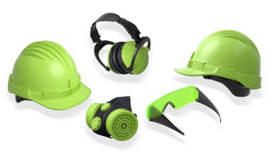 Kask, kulaklık, kablosuz matkap ve gözlük içeren koruyucu ekipmanlar kırpma yolu ile beyaz arka planda izole edilmiş, güvenlik inşaat giysisi konsepti