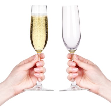 Hand with glasses of champagne isolated on white