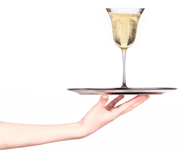 Bandeja de espera de camarera con copa de champán —  Fotos de Stock