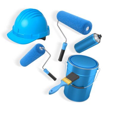 İnşaat miğferi, boya silindiri, fırça ve boya kovası kırpma yolu ile izole edilmiş, boyama ve yenileme araçlarını temsil eden beyaz zemin