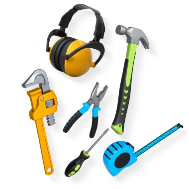 Çekiç, pense, tornavida ve mezura gibi çeşitli inşaat aletleri, kırpma yolu ile beyaz arka planda izole edilmiş, ev onarımı kavramı