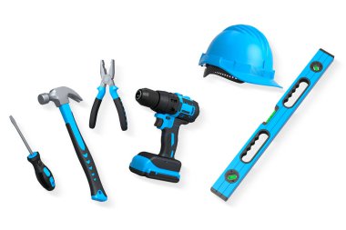 Yapı araçları, miğferler ve güvenlik teçhizatlarının toplanması, kırpma yolu ile beyaz arka planda izole edilmiş, iş güvenliğini sembolize ediyor ve sanayiyi inşa ediyor