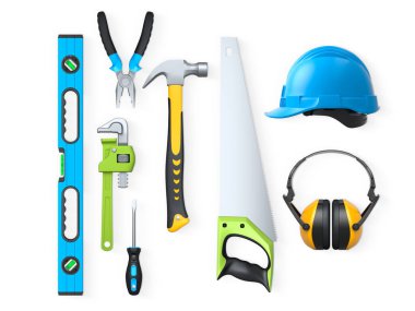 Yapı araçları, miğferler ve güvenlik teçhizatlarının toplanması, kırpma yolu ile beyaz arka planda izole edilmiş, iş güvenliğini sembolize ediyor ve sanayiyi inşa ediyor