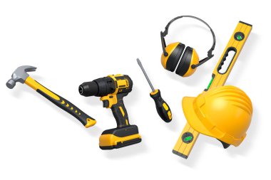 Yapı araçları, miğferler ve güvenlik teçhizatlarının toplanması, kırpma yolu ile beyaz arka planda izole edilmiş, iş güvenliğini sembolize ediyor ve sanayiyi inşa ediyor