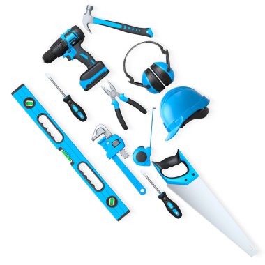 Yapı araçları, miğferler ve güvenlik teçhizatlarının toplanması, kırpma yolu ile beyaz arka planda izole edilmiş, iş güvenliğini sembolize ediyor ve sanayiyi inşa ediyor