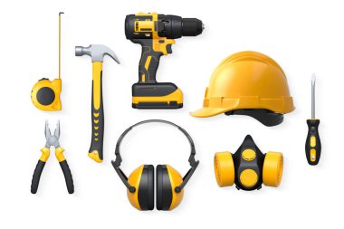 Yapı araçları, miğferler ve güvenlik teçhizatlarının toplanması, kırpma yolu ile beyaz arka planda izole edilmiş, iş güvenliğini sembolize ediyor ve sanayiyi inşa ediyor