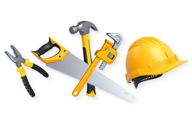 Kerpeten, boru anahtarı, çekiç, testere ve miğfer de dahil olmak üzere el aletleri beyaz arka planda kırpma yolu ile izole edilmiş, tamir konsepti